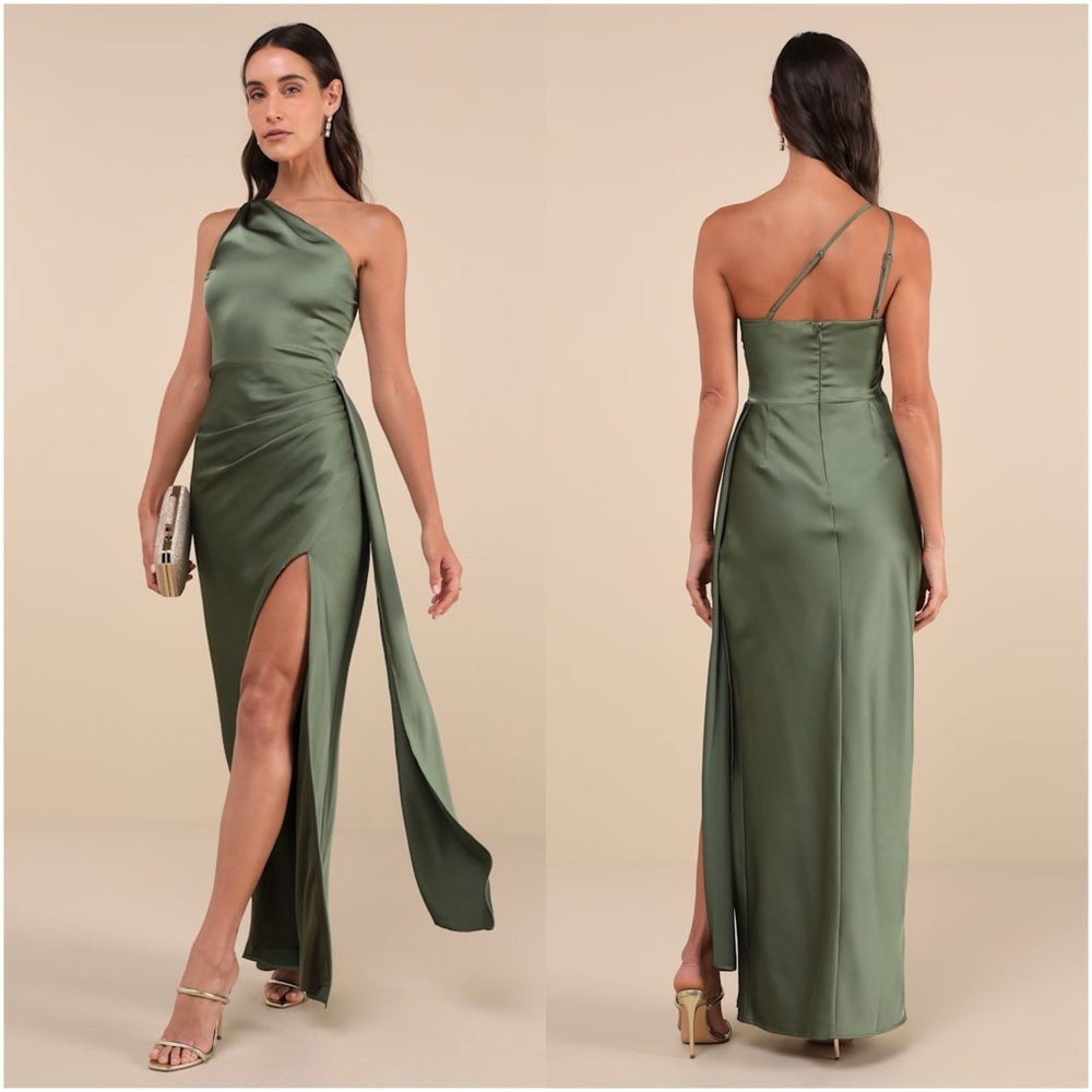 LULU'S Signature Elegance Olive Green Satin One Shoulder Maxi
Dress